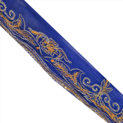 SANSKRITI VINTAGE SAREE BORDER HAND BEADED CRAFT 1YD  TRIMS 1.5W RIBBON BLUE