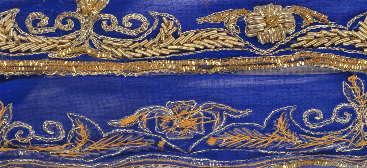 SANSKRITI VINTAGE SAREE BORDER HAND BEADED CRAFT 1YD  TRIMS 1.5W RIBBON BLUE
