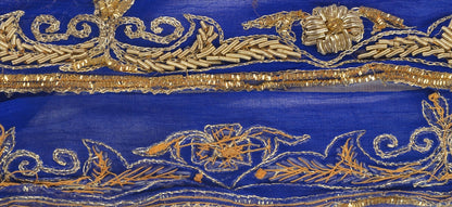 SANSKRITI VINTAGE SAREE BORDER HAND BEADED CRAFT 1YD  TRIMS 1.5W RIBBON BLUE