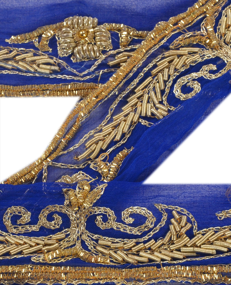 Sanskriti Vintage Sarees/Saree Border Blue Hand Beaded Zari Zardzoi Dabka Craft 1Yd Trims 1.5W Sari Pure Chiffon Silk Ribbon