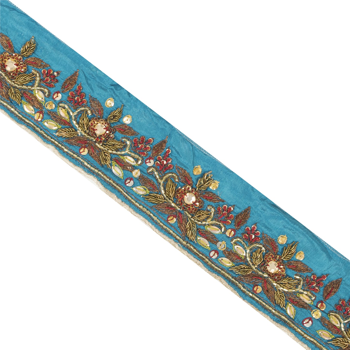 Sanskriti Vintage Sari Border Hand Beaded Zardozi 1 YD Craft Trim Blue Silk Lace