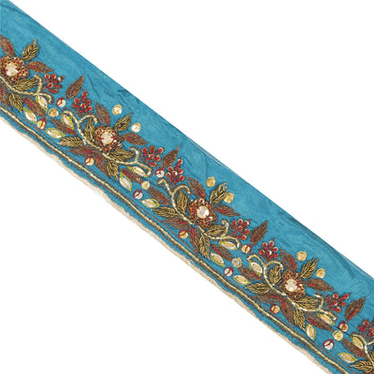 Sanskriti Vintage Sari Border Hand Beaded Zardozi 1 YD Craft Trim Blue Silk Lace
