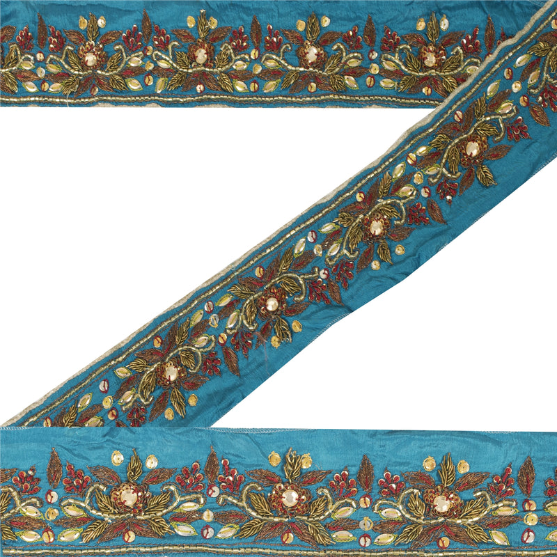 Sanskriti Vintage Sari Border Hand Beaded Zardozi 1 YD Craft Trim Blue Silk Lace