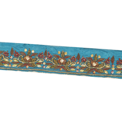 Sanskriti Vintage Sari Border Hand Beaded Zardozi 1 YD Craft Trim Blue Silk Lace