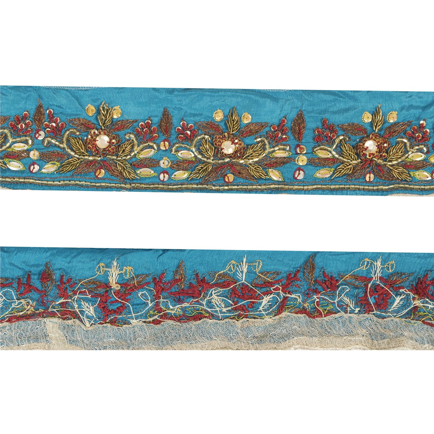 Sanskriti Vintage Sari Border Hand Beaded Zardozi 1 YD Craft Trim Blue Silk Lace
