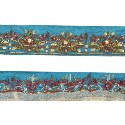 Sanskriti Vintage Sari Border Hand Beaded Zardozi 1 YD Craft Trim Blue Silk Lace