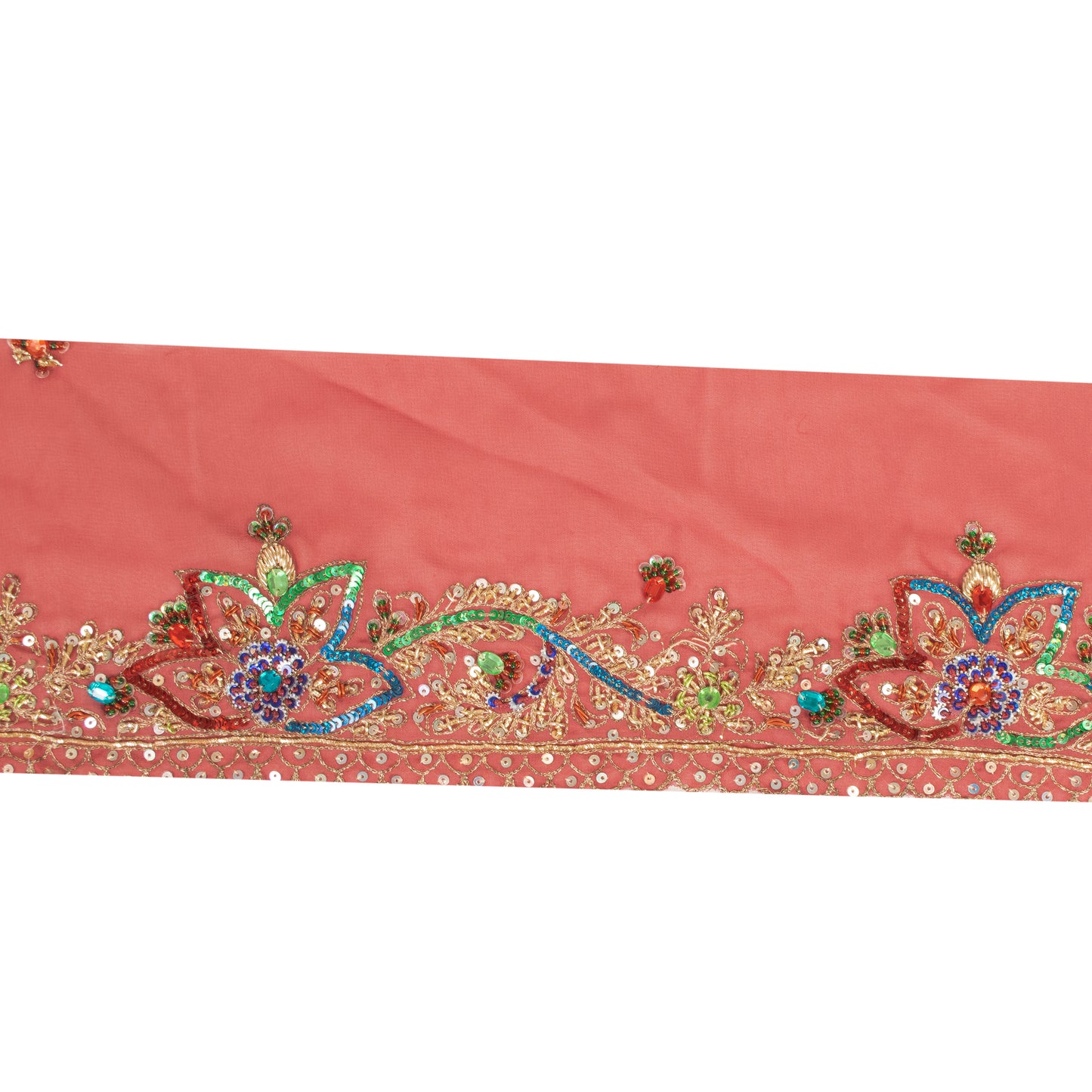 Sanskriti Vintage Sari Border Hand Beaded Sequins 1 YD Craft Trim Peach 5.2"Lace