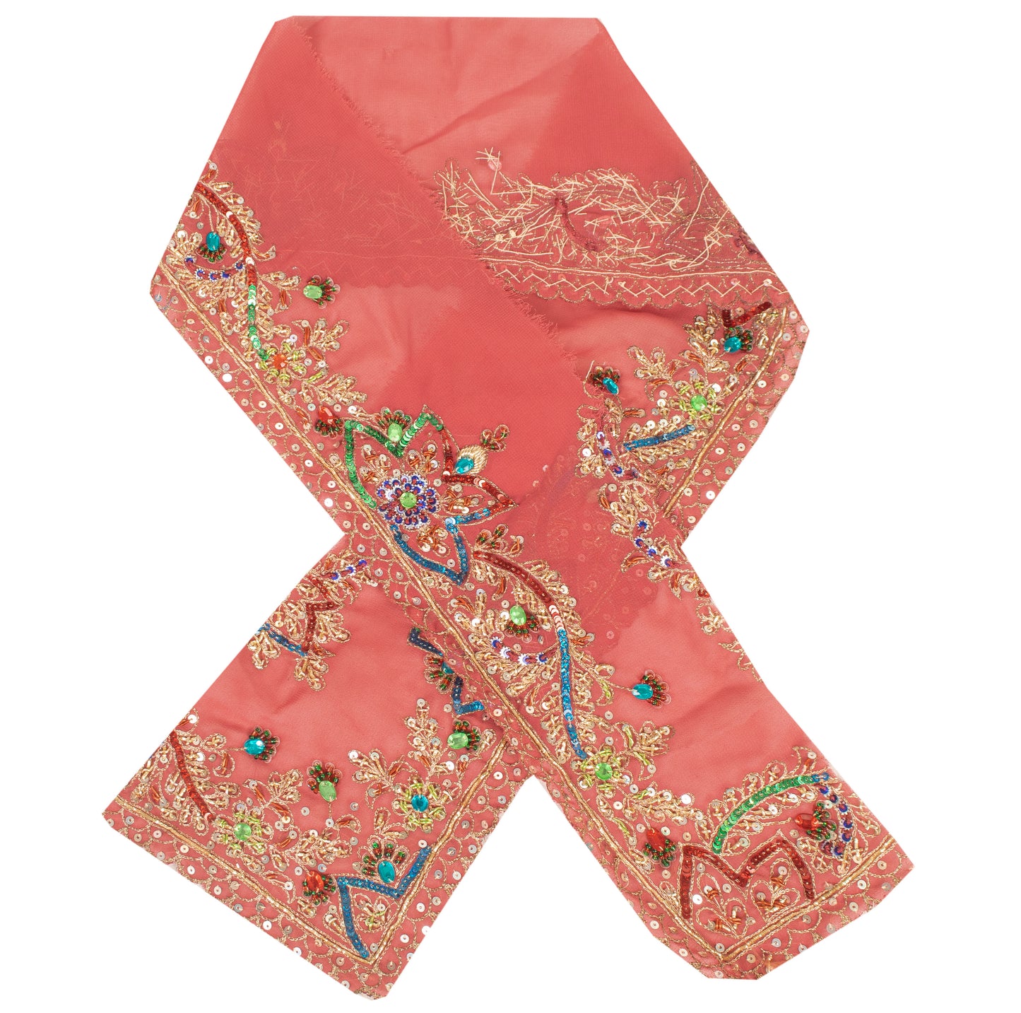 Sanskriti Vintage Sari Border Hand Beaded Sequins 1 YD Craft Trim Peach 5.2"Lace