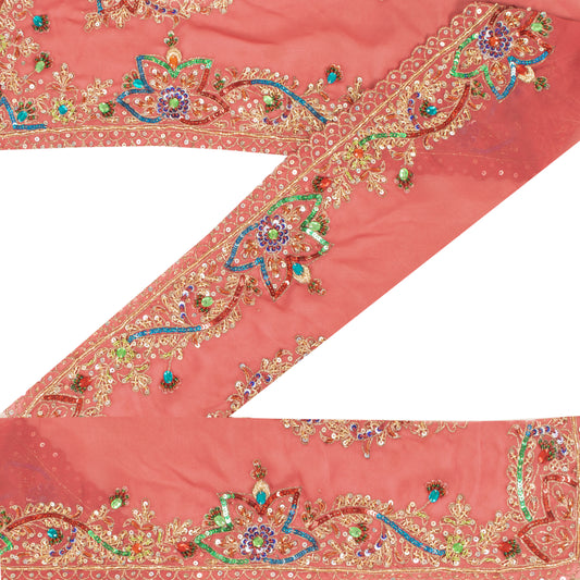Sanskriti Vintage Sari Border Hand Beaded Sequins 1 YD Craft Trim Peach 5.2"Lace
