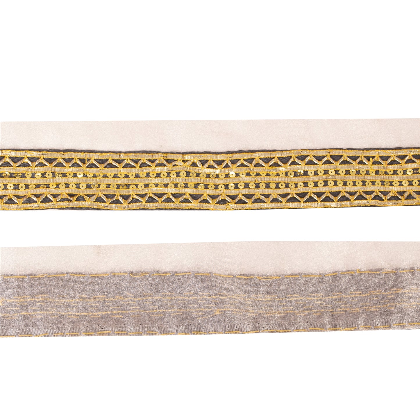 Sanskriti Vintage Sari Border Hand Beaded 1 YD Trim Gota Lace Ivory & Black 2.6W