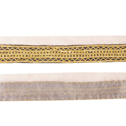 Sanskriti Vintage Sari Border Hand Beaded 1 YD Trim Gota Lace Ivory & Black 2.6W