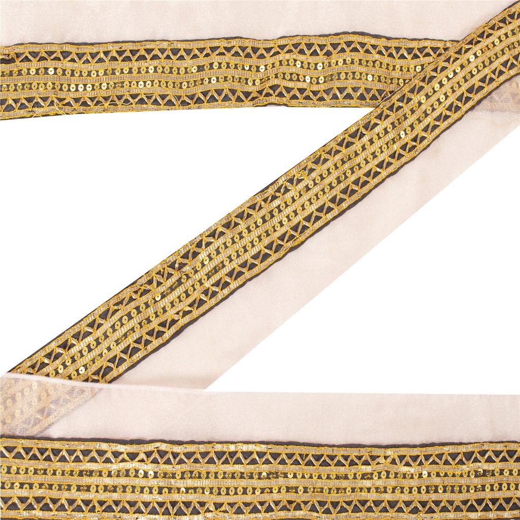 Sanskriti Vintage Sari Border Hand Beaded 1 YD Trim Gota Lace Ivory & Black 2.6W