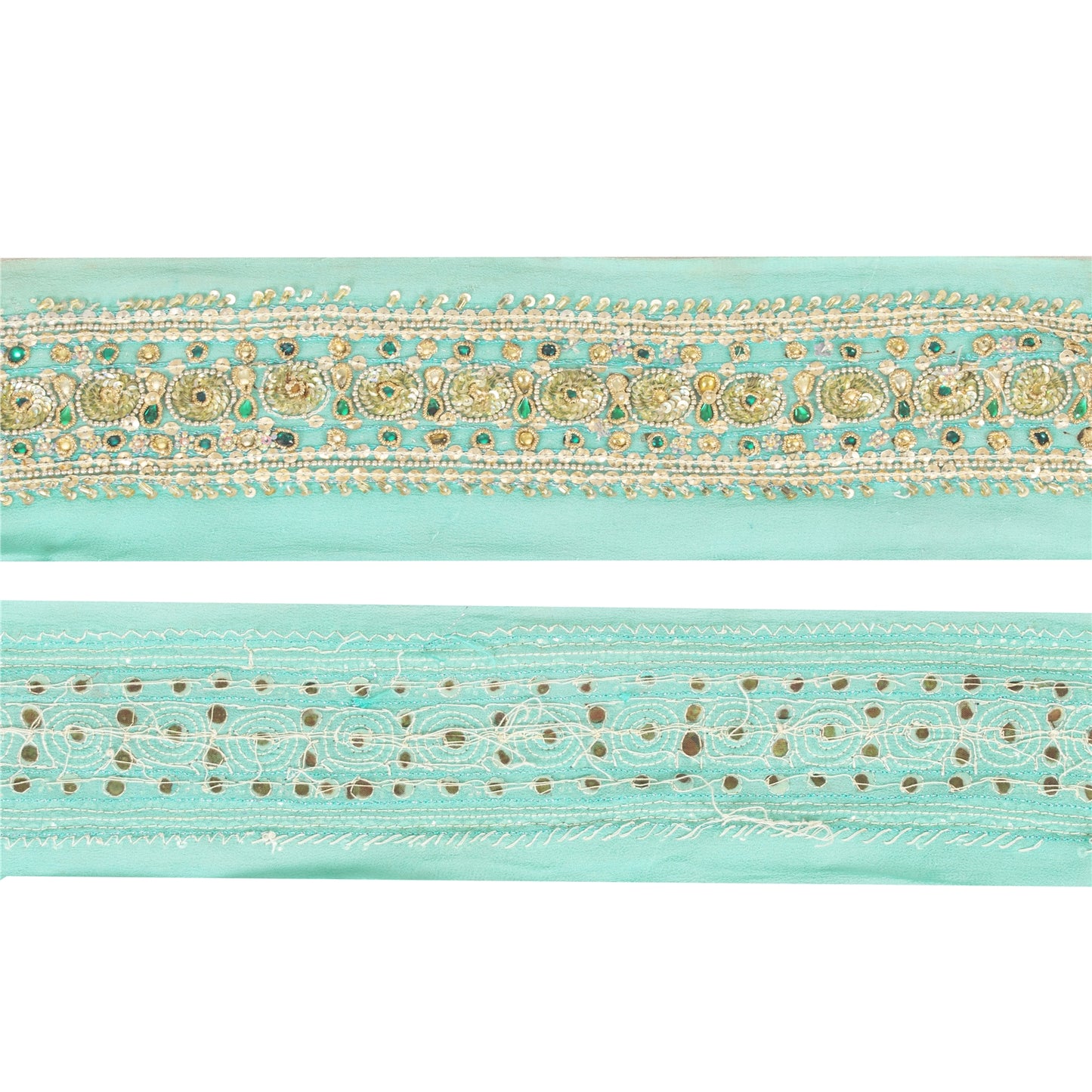 SANSKRITI VINTAGE SAREE BORDER HAND BEADED CRAFT TRIMS 1YD LACE 2.5W SEA GREEN