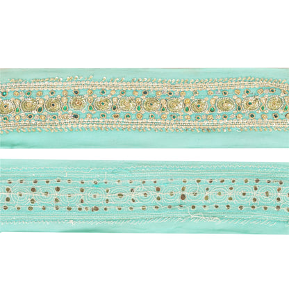 SANSKRITI VINTAGE SAREE BORDER HAND BEADED CRAFT TRIMS 1YD LACE 2.5W SEA GREEN