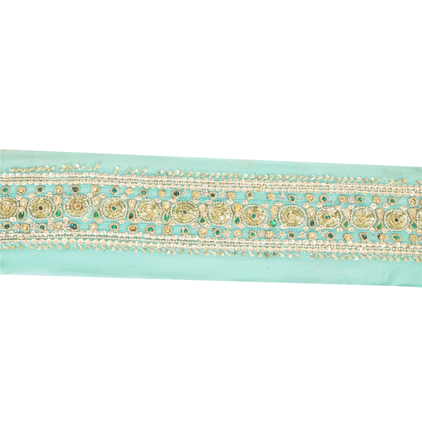 SANSKRITI VINTAGE SAREE BORDER HAND BEADED CRAFT TRIMS 1YD LACE 2.5W SEA GREEN
