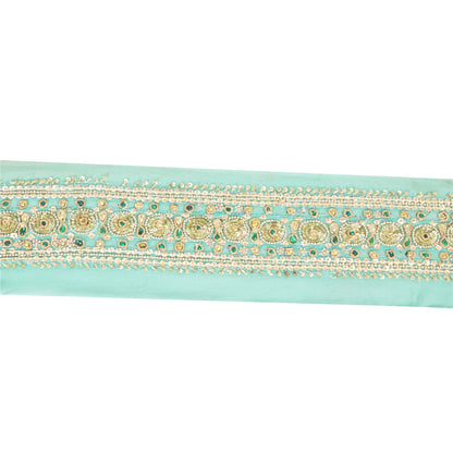 SANSKRITI VINTAGE SAREE BORDER HAND BEADED CRAFT TRIMS 1YD LACE 2.5W SEA GREEN
