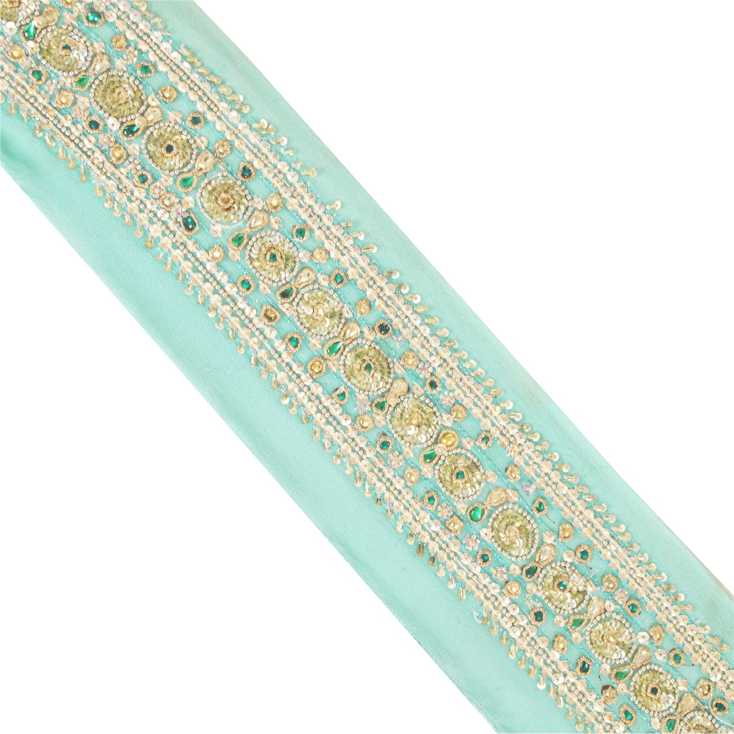 SANSKRITI VINTAGE SAREE BORDER HAND BEADED CRAFT TRIMS 1YD LACE 2.5W SEA GREEN