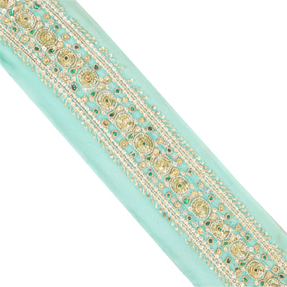SANSKRITI VINTAGE SAREE BORDER HAND BEADED CRAFT TRIMS 1YD LACE 2.5W SEA GREEN