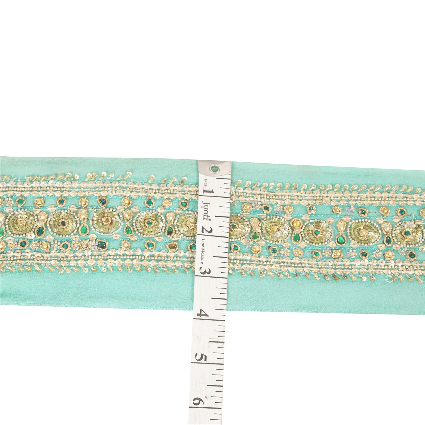 SANSKRITI VINTAGE SAREE BORDER HAND BEADED CRAFT TRIMS 1YD LACE 2.5W SEA GREEN