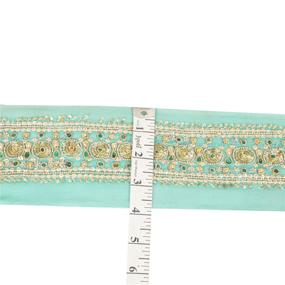 SANSKRITI VINTAGE SAREE BORDER HAND BEADED CRAFT TRIMS 1YD LACE 2.5W SEA GREEN