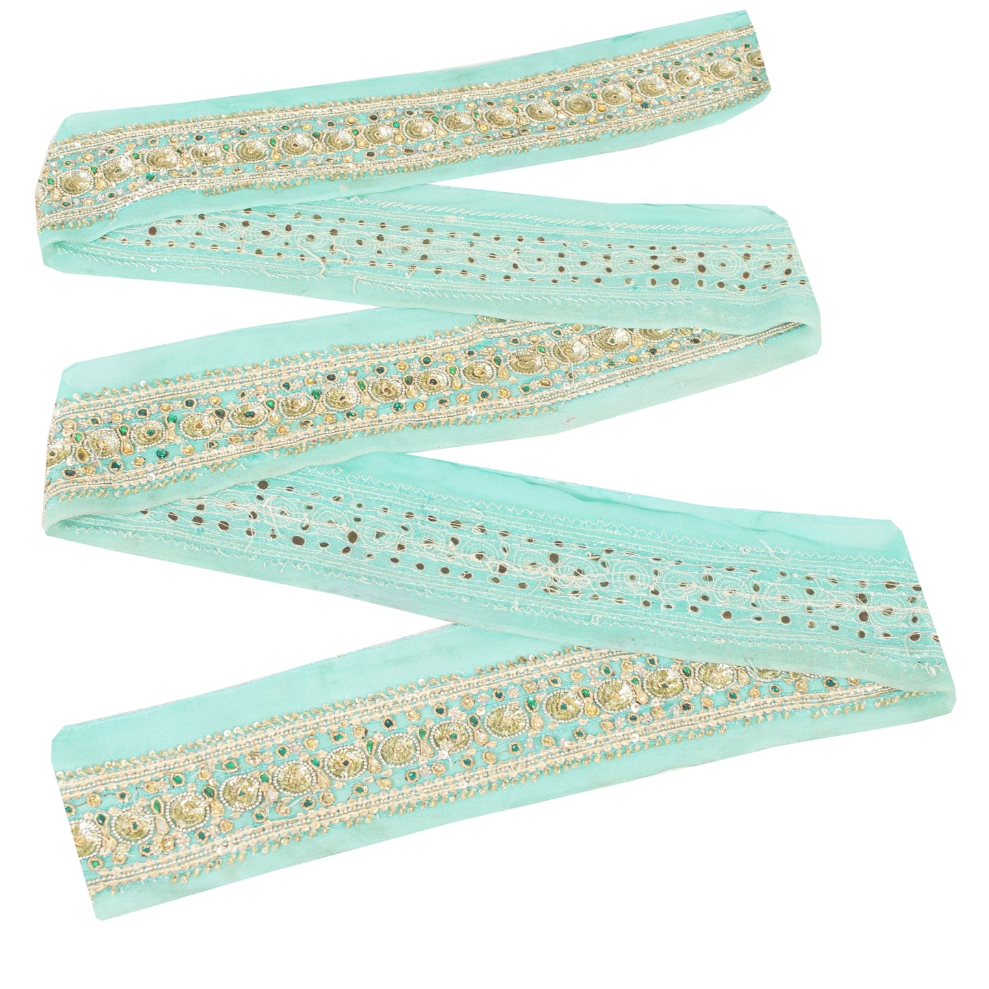 SANSKRITI VINTAGE SAREE BORDER HAND BEADED CRAFT TRIMS 1YD LACE 2.5W SEA GREEN