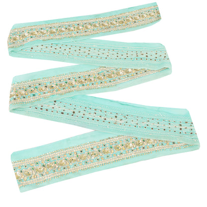 SANSKRITI VINTAGE SAREE BORDER HAND BEADED CRAFT TRIMS 1YD LACE 2.5W SEA GREEN