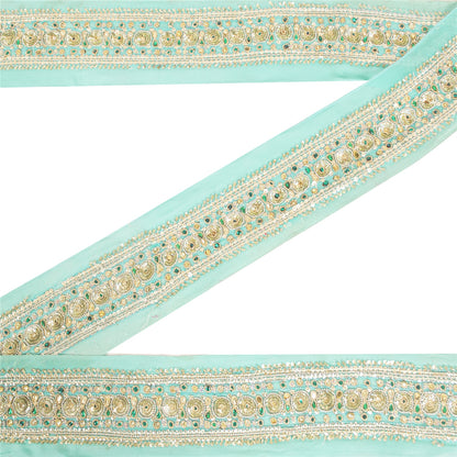 SANSKRITI VINTAGE SAREE BORDER HAND BEADED CRAFT TRIMS 1YD LACE 2.5W SEA GREEN