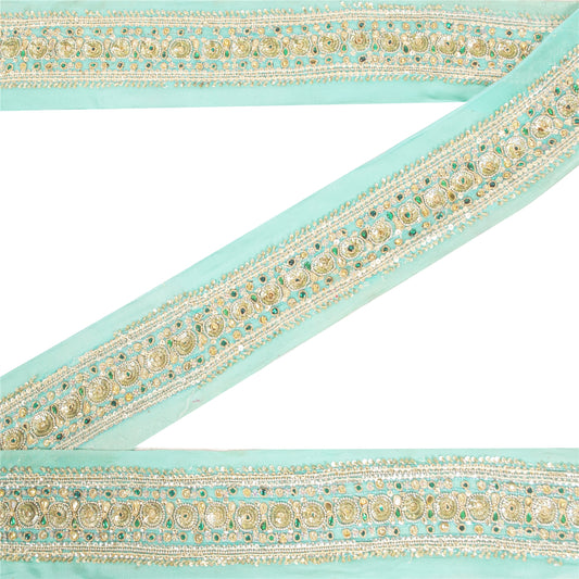SANSKRITI VINTAGE SAREE BORDER HAND BEADED CRAFT TRIMS 1YD LACE 2.5W SEA GREEN