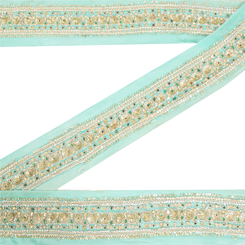 SANSKRITI VINTAGE SAREE BORDER HAND BEADED CRAFT TRIMS 1YD LACE 2.5W SEA GREEN