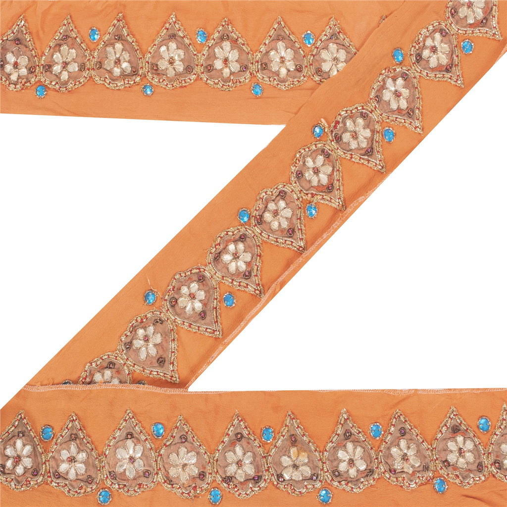 Sanskriti Vintage Sari Border 1YD Hand Bead Gota Patti ZariCraft Trim Peach Lace