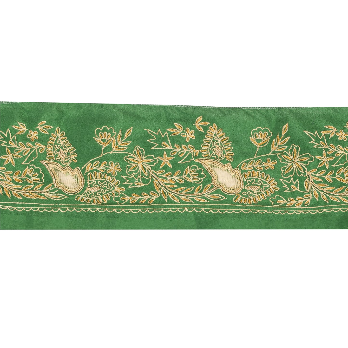 Sanskriti Vintage Sari Border Hand Embroidered 1 YD Trim Green Craft Lace 3.5"W