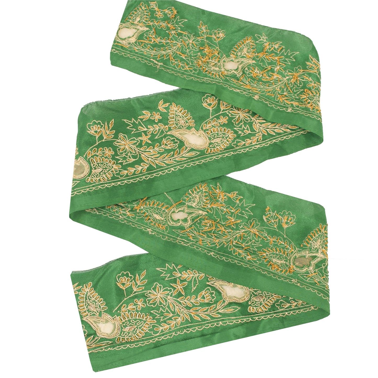 Sanskriti Vintage Sari Border Hand Embroidered 1 YD Trim Green Craft Lace 3.5"W