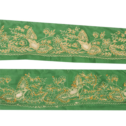 Sanskriti Vintage Sari Border Hand Embroidered 1 YD Trim Green Craft Lace 3.5"W