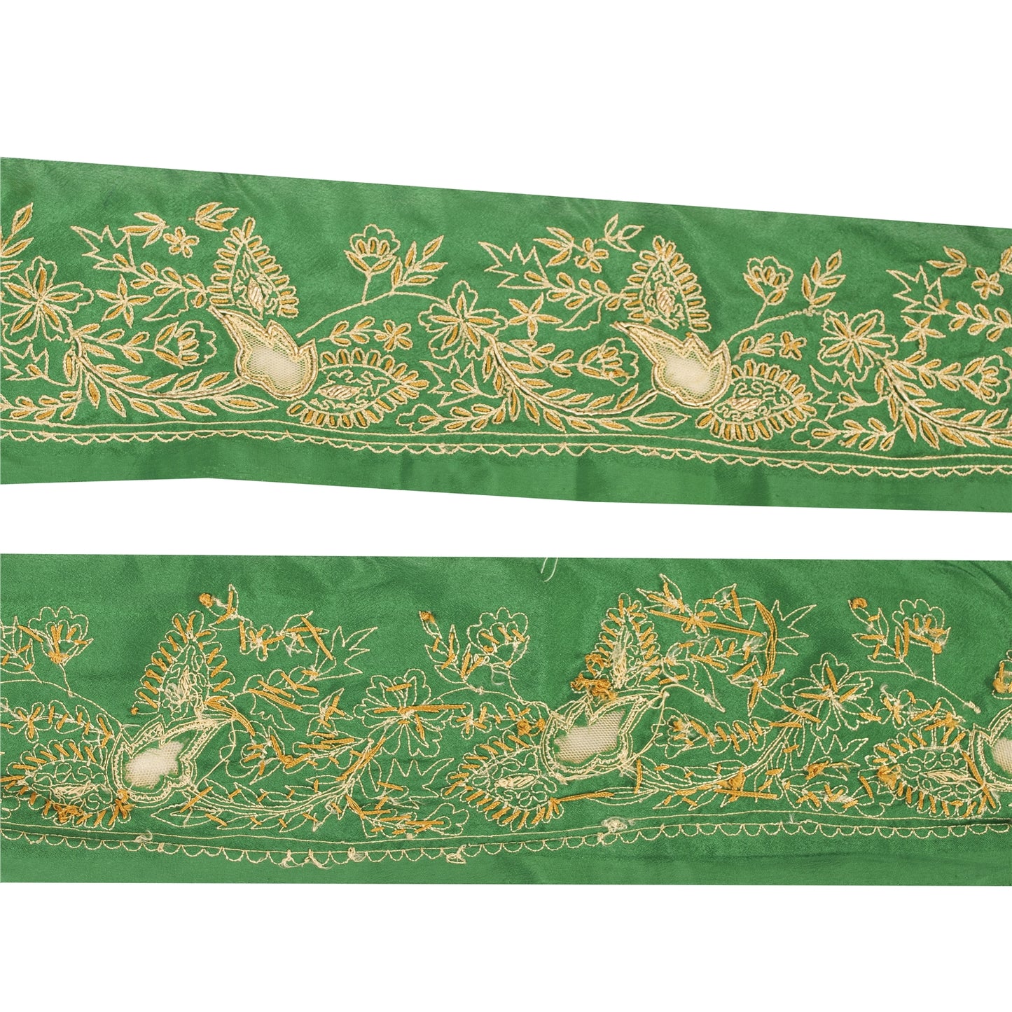 Sanskriti Vintage Sari Border Hand Embroidered 1 YD Trim Green Craft Lace 3.5"W