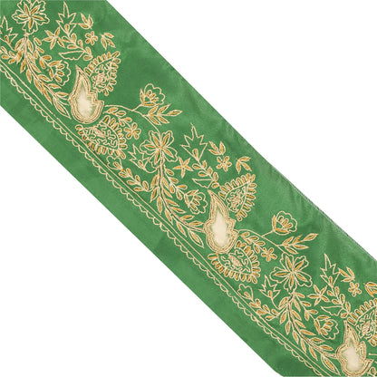 Sanskriti Vintage Sari Border Hand Embroidered 1 YD Trim Green Craft Lace 3.5"W