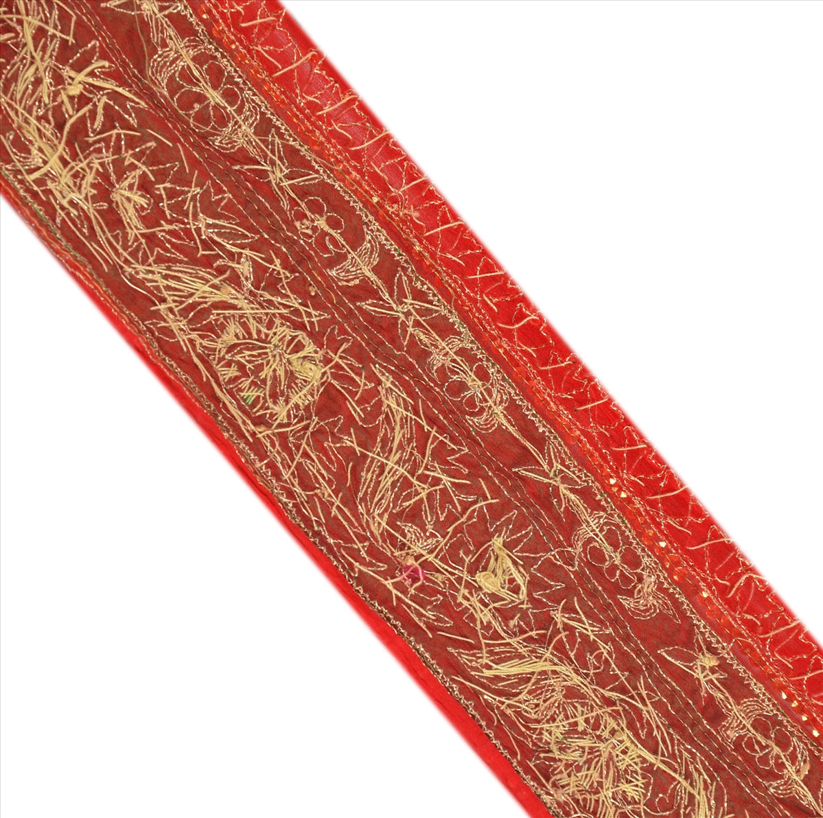 SANSKRITI VINTAGE SARI BORDER HAND BEADED CRAFT 1yd TRIMS LACE 3'W RED GREEN