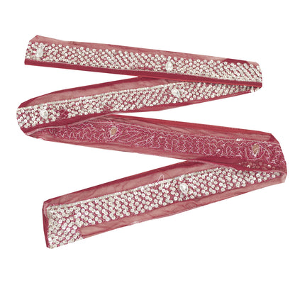 SANSKRITI VINTAGE SARI BORDER HAND BEADED CRAFT 1YD TRIMS LACE 2'W MAROON