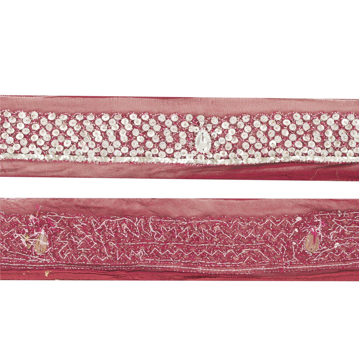 SANSKRITI VINTAGE SARI BORDER HAND BEADED CRAFT 1YD TRIMS LACE 2'W MAROON