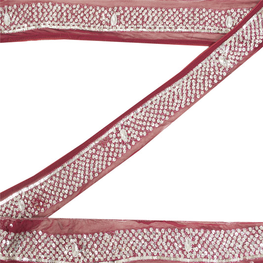 SANSKRITI VINTAGE SARI BORDER HAND BEADED CRAFT 1YD TRIMS LACE 2'W MAROON
