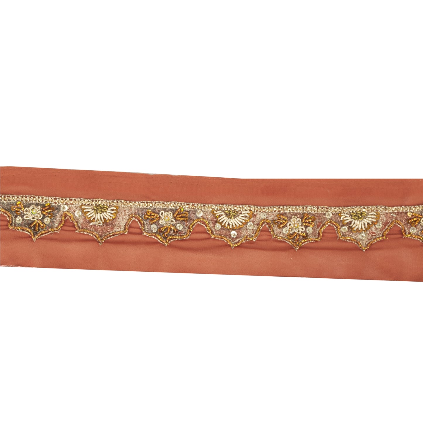 SANSKRITI VINTAGE SARI BORDER HAND BEADED 1YD TRIMS 1.5'W RIBBON RUSTY ORANGE