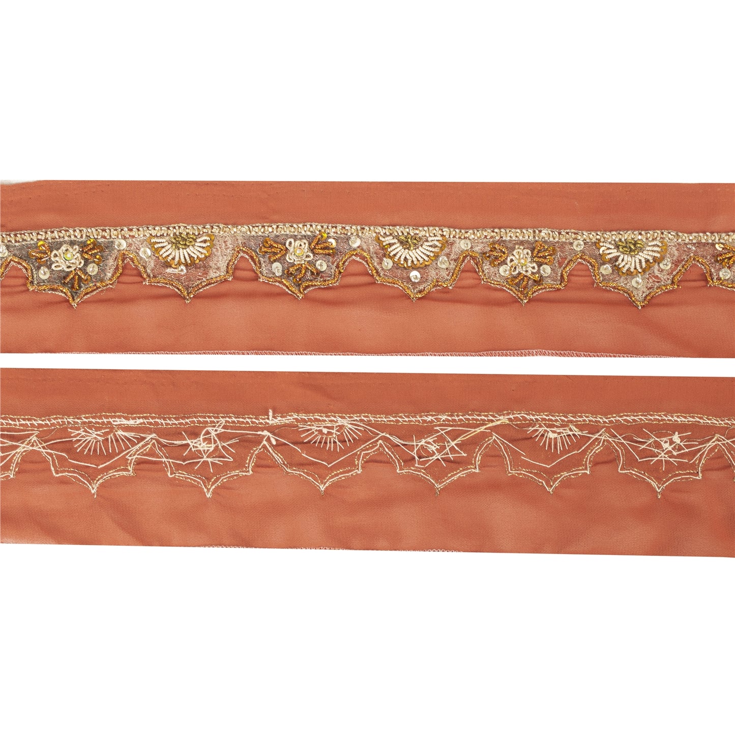 SANSKRITI VINTAGE SARI BORDER HAND BEADED 1YD TRIMS 1.5'W RIBBON RUSTY ORANGE