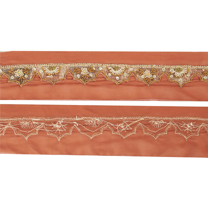 SANSKRITI VINTAGE SARI BORDER HAND BEADED 1YD TRIMS 1.5'W RIBBON RUSTY ORANGE