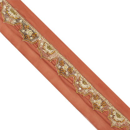 SANSKRITI VINTAGE SARI BORDER HAND BEADED 1YD TRIMS 1.5'W RIBBON RUSTY ORANGE