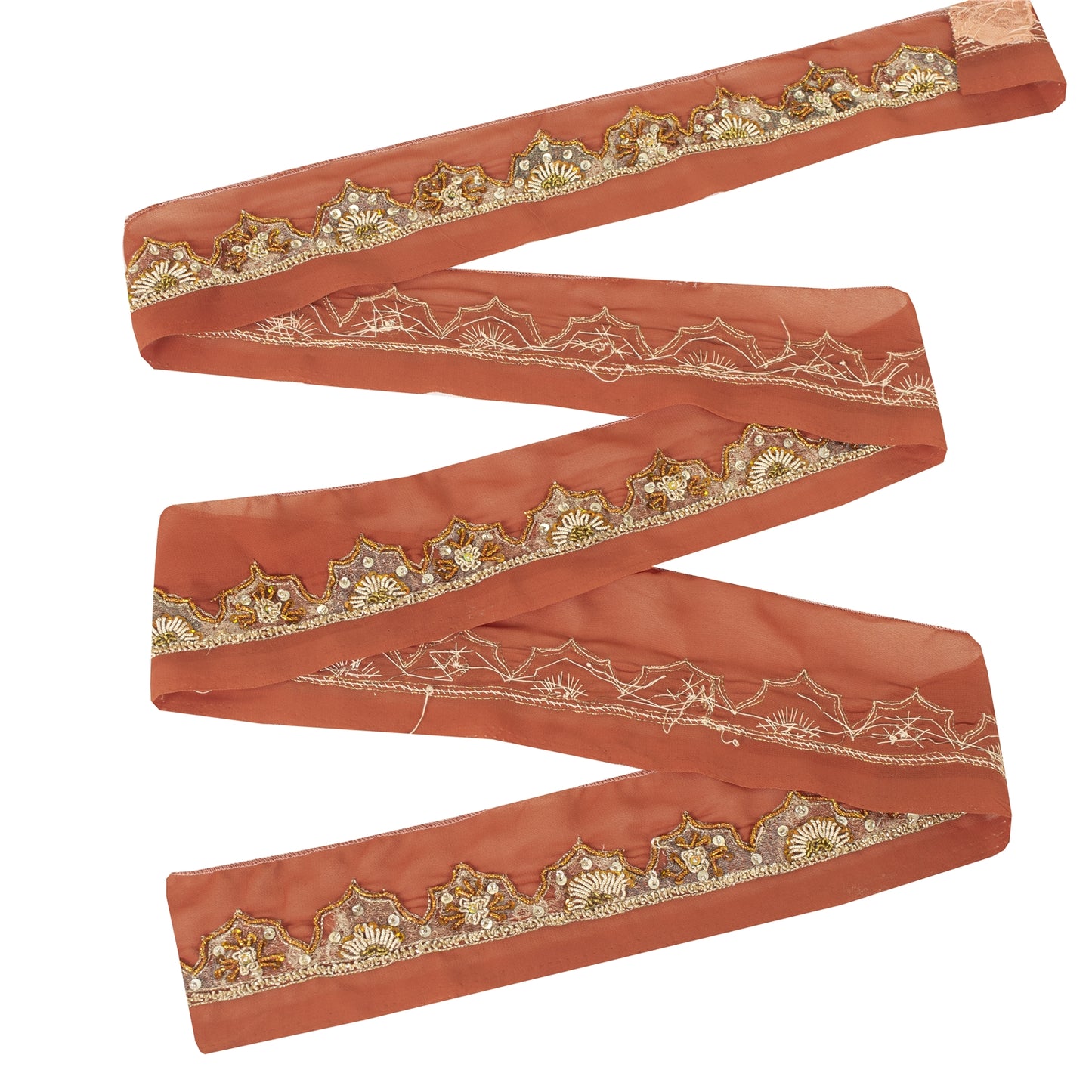 SANSKRITI VINTAGE SARI BORDER HAND BEADED 1YD TRIMS 1.5'W RIBBON RUSTY ORANGE