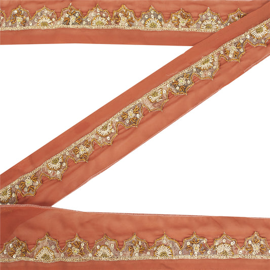 SANSKRITI VINTAGE SARI BORDER HAND BEADED 1YD TRIMS 1.5'W RIBBON RUSTY ORANGE