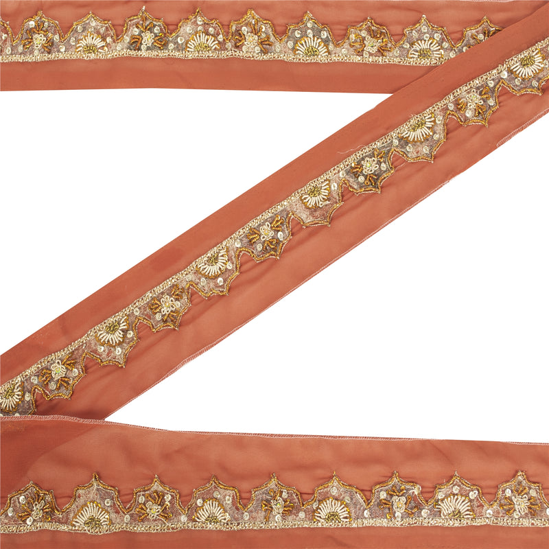 SANSKRITI VINTAGE SARI BORDER HAND BEADED 1YD TRIMS 1.5'W RIBBON RUSTY ORANGE