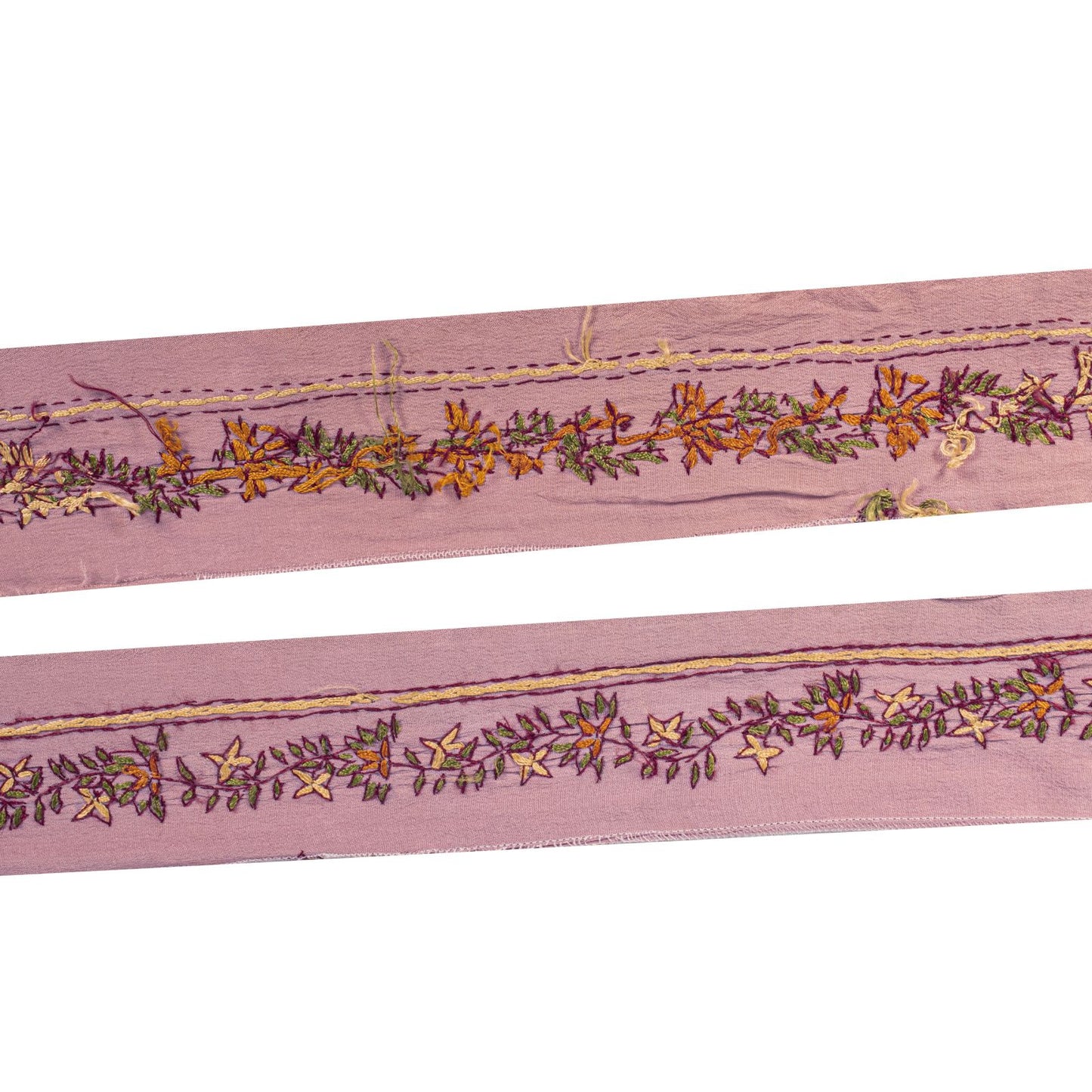 Sanskriti Vintage Lilac Pure Silk 1 YD Sari Border Hand Embroidered Suzani Lace