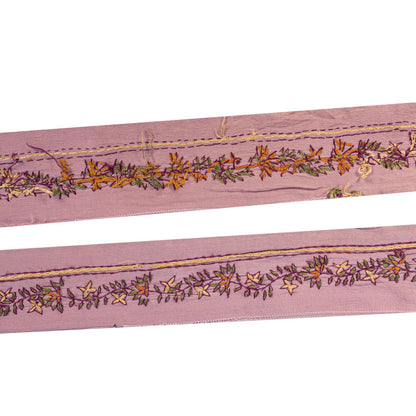 Sanskriti Vintage Lilac Pure Silk 1 YD Sari Border Hand Embroidered Suzani Lace