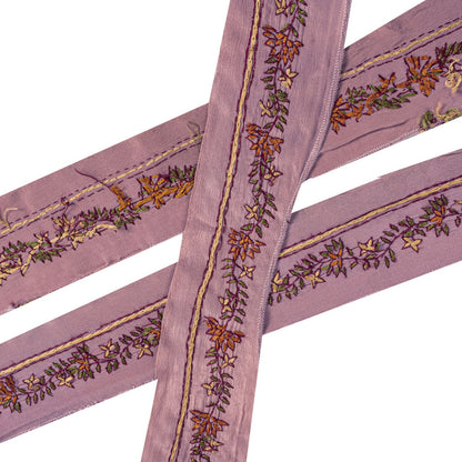 Sanskriti Vintage Lilac Pure Silk 1 YD Sari Border Hand Embroidered Suzani Lace