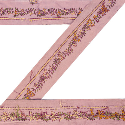 Sanskriti Vintage Lilac Pure Silk 1 YD Sari Border Hand Embroidered Suzani Lace
